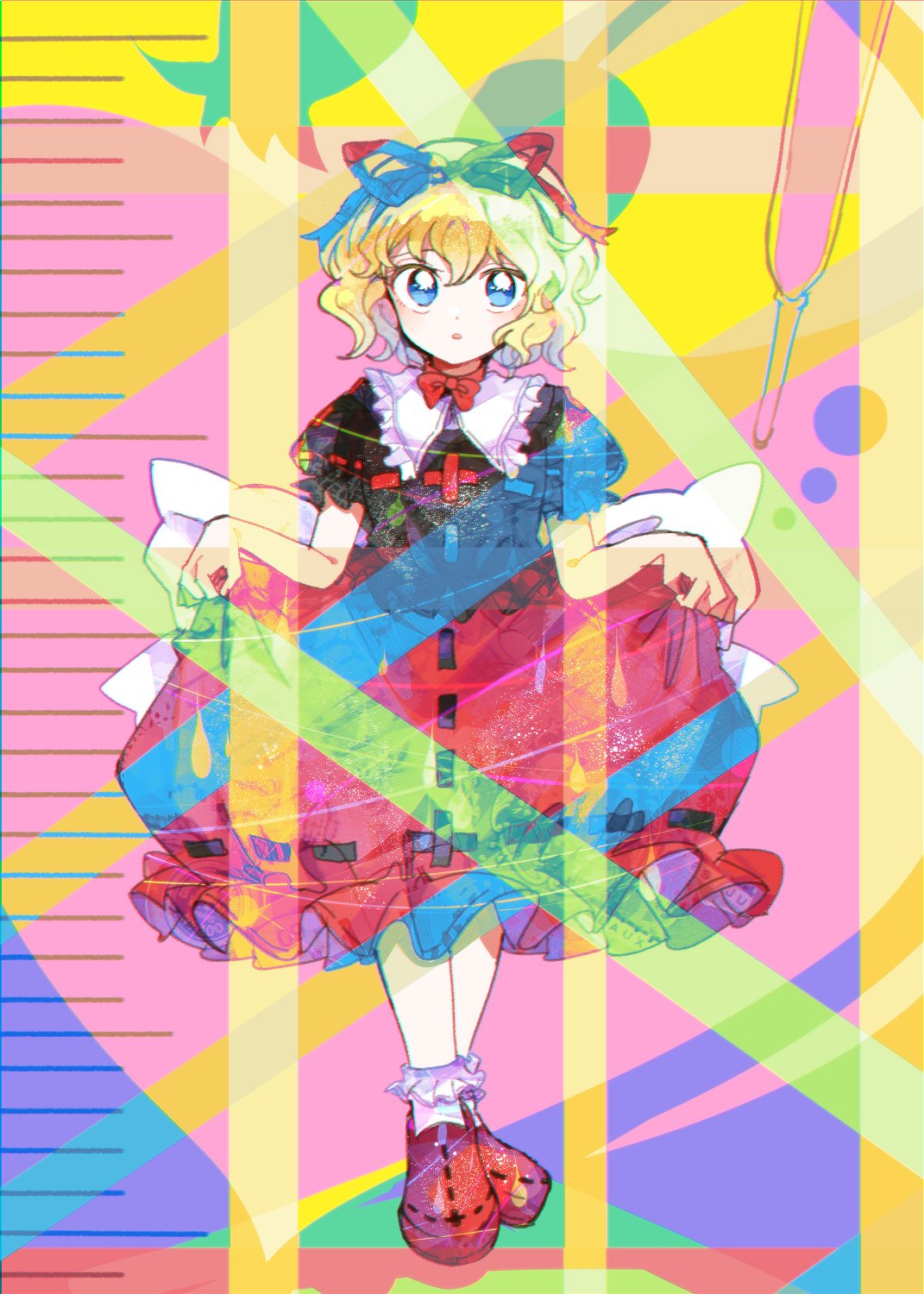 1girl back_bow black_shirt blonde_hair blue_eyes bobby_socks bow bowtie bubble_skirt collared_shirt commentary_request frilled_shirt frilled_shirt_collar frilled_skirt frilled_sleeves frills full_body hair_ribbon highres holding holding_clothes holding_skirt itomugi-kun medicine_melancholy parted_lips puffy_short_sleeves puffy_sleeves red_bow red_bowtie red_footwear red_neckwear red_ribbon red_skirt ribbon shirt short_hair short_sleeves skirt socks standing touhou wavy_hair white_bow white_legwear