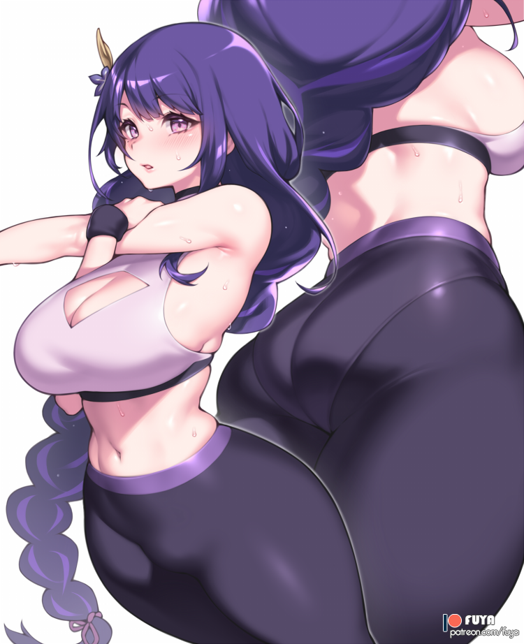 1girl artist_name ass bangs bare_shoulders black_pants blush braid breasts cleavage cleavage_cutout clothing_cutout eyebrows_visible_through_hair fuya_(tempupupu) genshin_impact hair_ornament large_breasts long_hair looking_at_viewer multiple_views navel pants parted_lips purple_eyes purple_hair raiden_shogun sideboob simple_background single_braid skindentation sports_bra stomach stretch sweat sweatband tight tight_pants very_long_hair watermark web_address white_background wide_hips yoga_pants