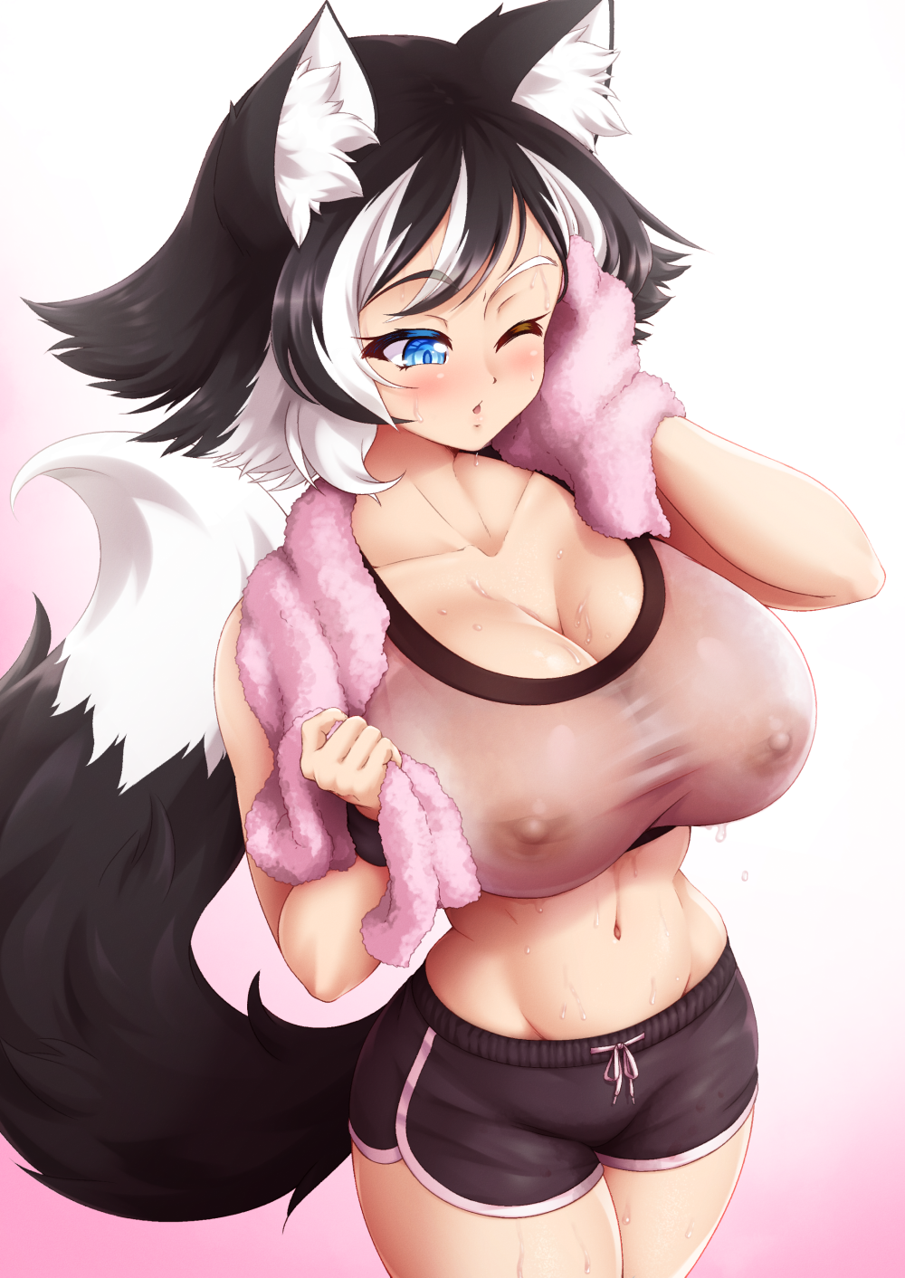 1girl animal_ear_fluff animal_ears bangs black_hair black_shorts blush breasts cat_ears cat_girl cat_tail cleavage collarbone commentary cowboy_shot dolphin_shorts gradient gradient_background groin highres kat_(mazume) large_breasts mazume midriff mismatched_eyebrows multicolored_hair nipples no_bra one_eye_closed original parted_lips pink_background shirt shorts simple_background solo streaked_hair sweat tail towel towel_around_neck two-tone_hair wet wet_clothes wet_shirt white_background white_hair