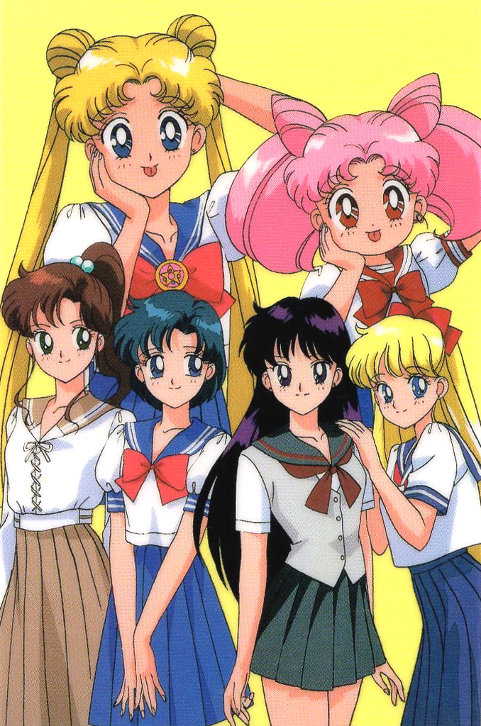 1990s_(style) 6+girls aino_minako arm_behind_head arm_up bangs bishoujo_senshi_sailor_moon black_eyes black_hair blonde_hair blue_eyes blue_hair blue_skirt bow brown_hair brown_skirt chibi_usa double_bun eyebrows_visible_through_hair feet_out_of_frame green_eyes hair_bobbles hair_ornament hand_on_another's_shoulder hand_on_own_chin high_ponytail hino_rei juuban_elementary_school_uniform juuban_middle_school_uniform kino_makoto kino_makoto's_school_uniform long_hair long_skirt looking_at_viewer medium_skirt mimicry miniskirt mizuno_ami multiple_girls official_art pink_hair pleated_skirt red_eyes retro_artstyle scan school_uniform shiba_koen_middle_school_uniform short_hair short_sleeves simple_background skirt smile ta_girls_school_uniform tongue tongue_out tsukino_usagi twintails v_arms yellow_background
