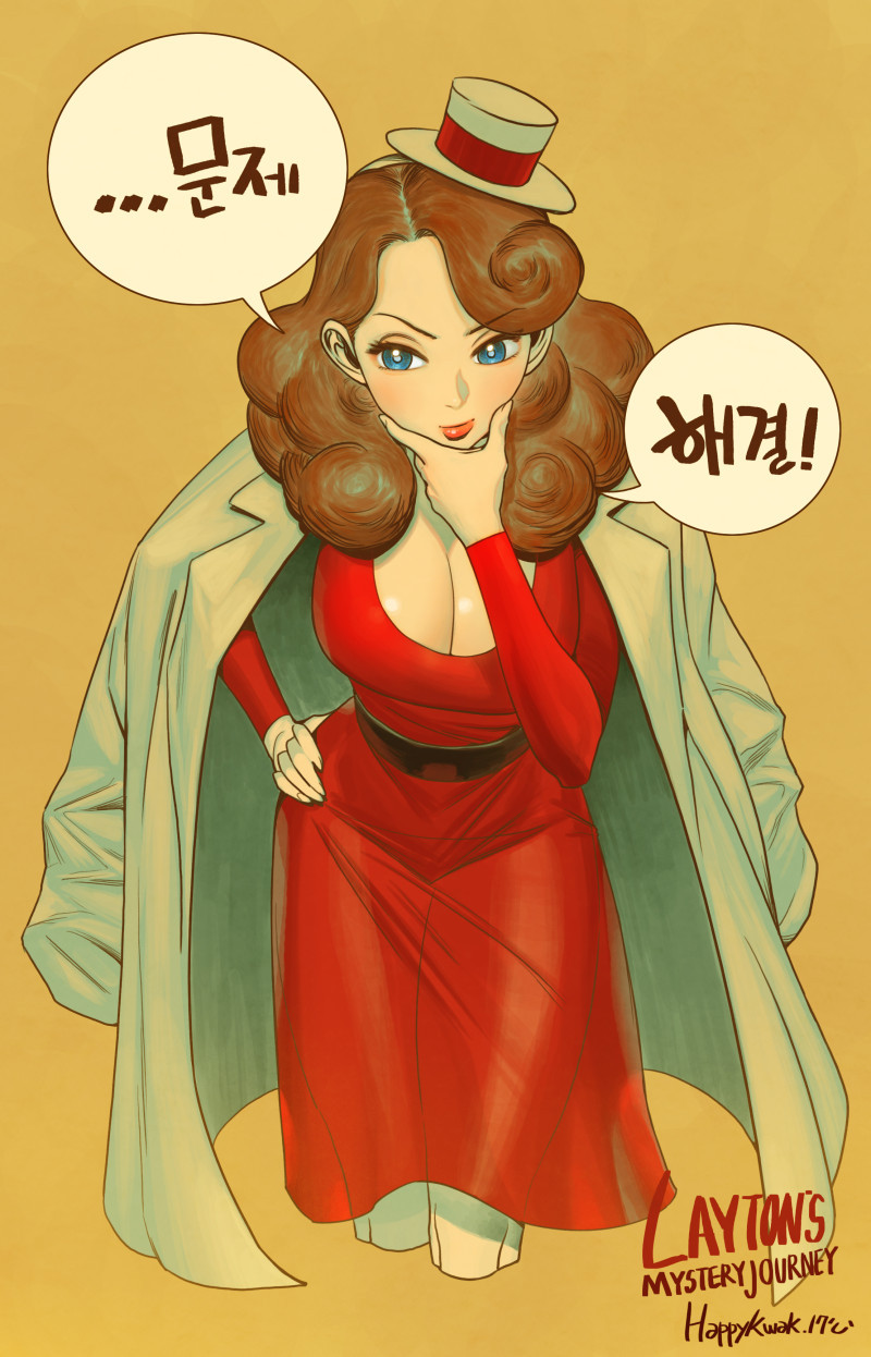 1girl bangs blue_hair breasts brown_hair cleavage curly_hair dress hand_on_hip hand_on_own_chin hat highres jacket jacket_on_shoulders jun_sung_kwak katrielle_layton korean_text large_breasts layton's_mystery_journey leaning_forward looking_to_the_side medium_hair mini_hat parted_bangs professor_layton red_dress smile solo speech_bubble