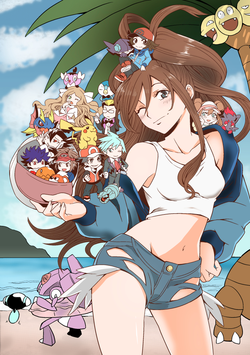 3girls 6+boys :d ;) alolan_exeggutor bare_shoulders baseball_cap beldum black_bow black_bowtie black_hair blue_eyes blue_hair blush bow bowtie breasts brown_hair caitlin_(pokemon) carvanha chibi closed_mouth cloud collarbone darach_(pokemon) day denim denim_shorts double_bun fangs genesect glasses gothita grimsley_(pokemon) growlithe hair_between_eyes hat highres hilbert_(pokemon) hilda_(pokemon) hugh_(pokemon) innertube long_hair looking_at_viewer multiple_boys multiple_girls nate_(pokemon) navel ocean on_head one_eye_closed opaque_glasses open_mouth outdoors pikachu piplup pokemon pokemon_(creature) pokemon_(game) pokemon_bw2 pokemon_on_head ponytail red_(pokemon) red_headwear rosa_(pokemon) ryuusei_(trickster) sableye short_hair short_shorts shorts smile standing steven_stone tank_top trapinch tympole visor_cap white_tank_top zorua