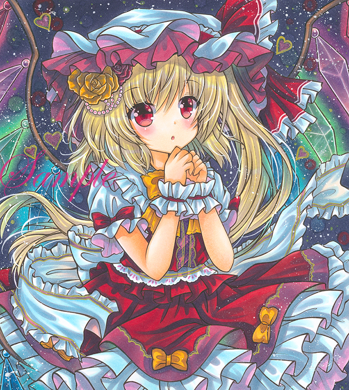 1girl :o back_bow blonde_hair bow bowtie cowboy_shot crystal dark_background eyebrows_visible_through_hair flandre_scarlet flower frilled_bow frilled_hat frilled_ribbon frills hair_flower hair_ornament hat hat_ribbon heart long_hair looking_at_viewer marker_(medium) mob_cap own_hands_together puffy_short_sleeves puffy_sleeves red_eyes red_flower red_ribbon red_rose red_skirt red_vest ribbon rose rui_(sugar3) sample shirt short_sleeves side_ponytail skirt skirt_set solo touhou traditional_media vest white_bow white_headwear white_shirt wings wrist_cuffs yellow_bow yellow_bowtie yellow_flower yellow_rose