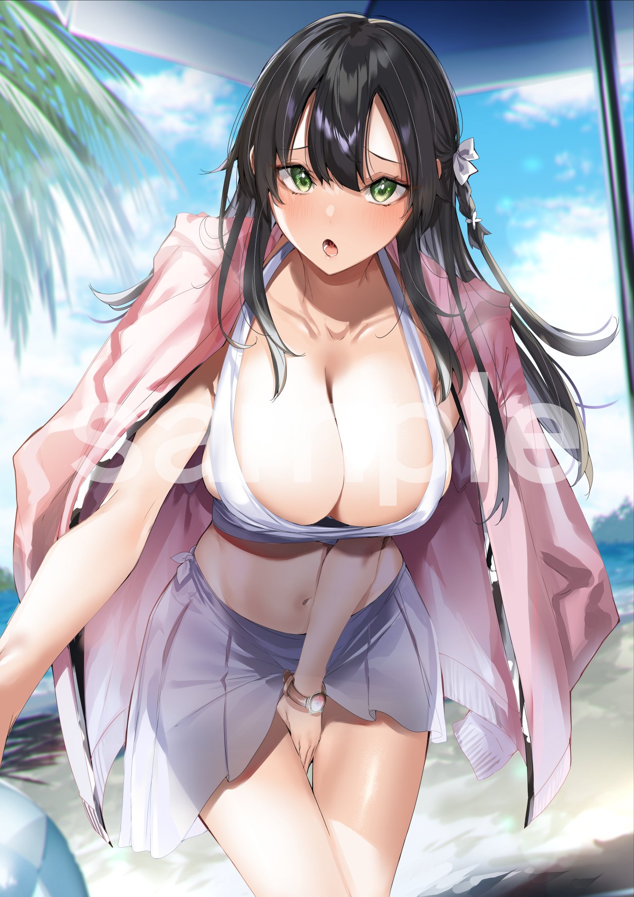 1girl bangs beach between_thighs bikini black_hair blue_sky braid breasts cleavage cloud collarbone day green_eyes hair_between_eyes hair_ribbon highres hitotsuba_kaede kakao_(chocolate_land) large_breasts long_hair looking_at_viewer navel ocean open_mouth outdoors palm_tree ribbon ryoushin_no_shakkin sample sarong second-party_source sky solo swimsuit tree watch water white_bikini wristwatch