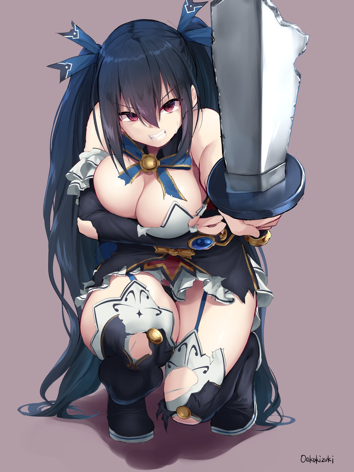 1girl after_battle angry arm_support bare_shoulders black_hair blue_ribbon breasts broken broken_sword broken_weapon cleavage clenched_teeth commentary_request detached_collar detached_sleeves full_body garter_straps hair_between_eyes hair_ribbon highres large_breasts long_hair looking_at_viewer neptune_(series) noire oekakizuki panties pantyshot red_eyes ribbon signature simple_background skirt solo squatting sword teeth torn_boots torn_clothes torn_legwear torn_skirt torn_sleeves twintails underwear very_long_hair weapon white_skirt