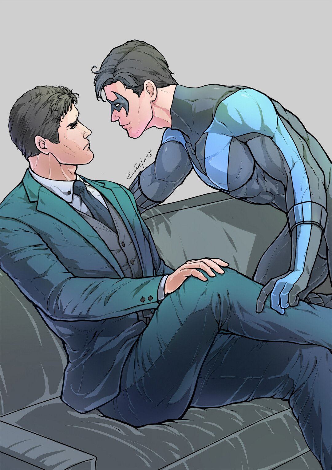 2boys artist_name bara batman_(series) black_bodysuit black_hair black_jacket black_pants black_vest blue_bodysuit bodysuit bodysuit_pull bruce_wayne closed_mouth couch crossed_legs dc_comics dick_grayson domino_mask evinist father_and_son formal highres incest jacket looking_at_another male_focus mask multiple_boys muscular muscular_male necktie nightwing on_couch open_clothes open_jacket pants shirt short_hair sitting smile taut_bodysuit taut_clothes thick_thighs thighs two-tone_bodysuit vest white_shirt yaoi