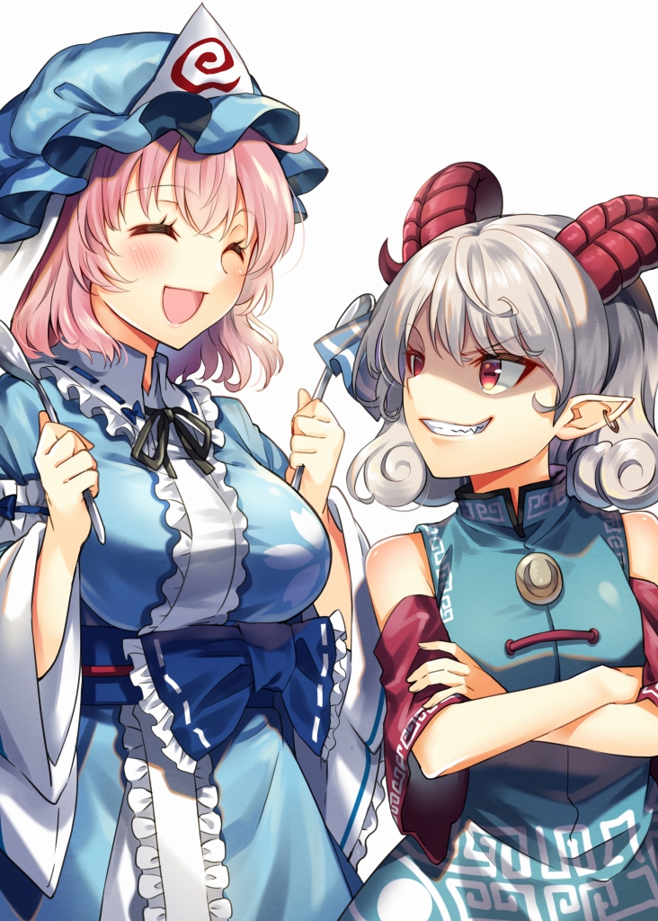 2girls :d arm_garter bangs bare_shoulders blue_dress blue_headwear blue_kimono blue_ribbon blush breasts closed_eyes closed_mouth commentary_request crossed_arms curled_horns curly_hair dress earrings eyelashes floral_print fork frilled_kimono frills goat_horns grin happy hat height_difference holding holding_fork holding_spoon horizontal_pupils horns japanese_clothes jewelry kapuchii kimono large_breasts long_sleeves looking_at_another meandros mob_cap multiple_girls obi open_mouth patterned_clothing pink_hair pointy_ears red_eyes red_sleeves ribbon ribbon-trimmed_collar ribbon_trim saigyouji_yuyuko sash shaded_face sharp_teeth short_hair short_sleeves silver_hair simple_background small_breasts smile spoon standing teeth touhou toutetsu_yuuma triangular_headpiece upper_body white_background wide_sleeves
