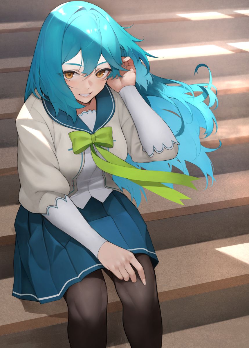 1girl ;d black_legwear blue_hair blush bow collared_shirt green_bow hand_in_hair hand_on_thigh highres leaning_forward long_hair long_sleeves looking_at_viewer on_floor one_eye_closed pantyhose project_luminasys puffy_long_sleeves puffy_sleeves shirt sitting skirt smile solo stairs thighhighs uniform yellow_eyes yoshio_(55level) yurizono_eryo