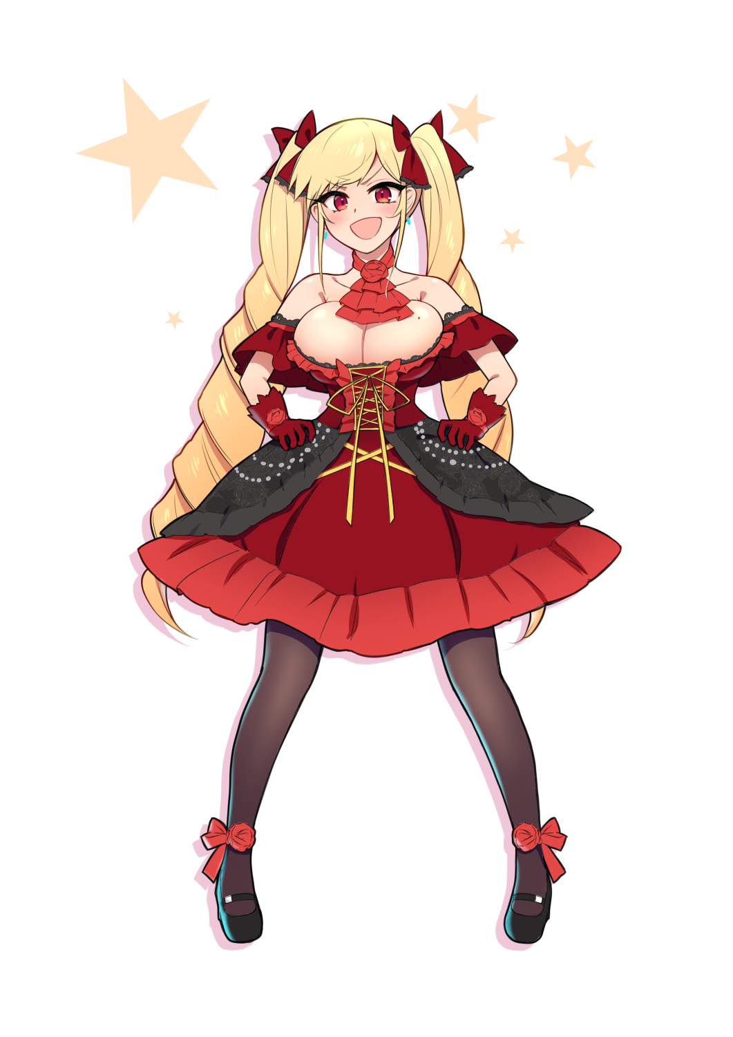1girl ascot blonde_hair bow cranberry_spencer dress drill_hair eyebrows_visible_through_hair hair_bow hands_on_hips highres isekai_shinige_ojousama long_hair looking_at_viewer off-shoulder_dress off_shoulder original oyaji-sou pantyhose pigeon-toed red_eyes shoes solo twin_drills twintails