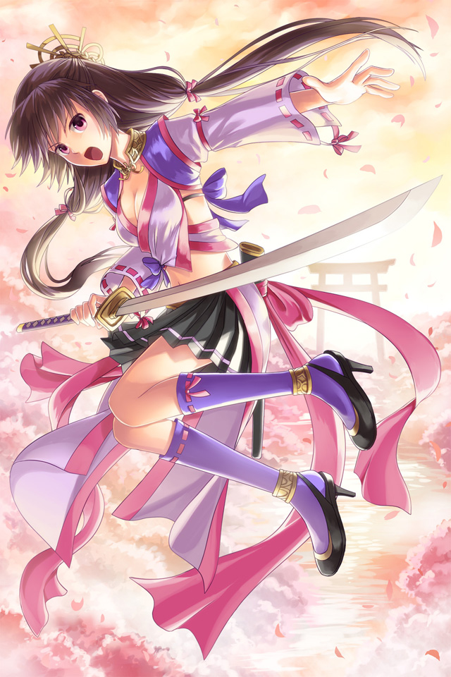 1girl bangs black_footwear black_skirt breasts brown_hair cleavage commentary_request crop_top full_body hair_ornament half_updo halter_top halterneck high_heels holding holding_sword holding_weapon katana long_hair looking_at_viewer medium_breasts midriff natsuya_(kuttuki) navel open_mouth petals pleated_skirt purple_eyes purple_legwear ribbon-trimmed_legwear ribbon-trimmed_sleeves ribbon_trim skirt socks solo sword torii twintails venus_blade weapon