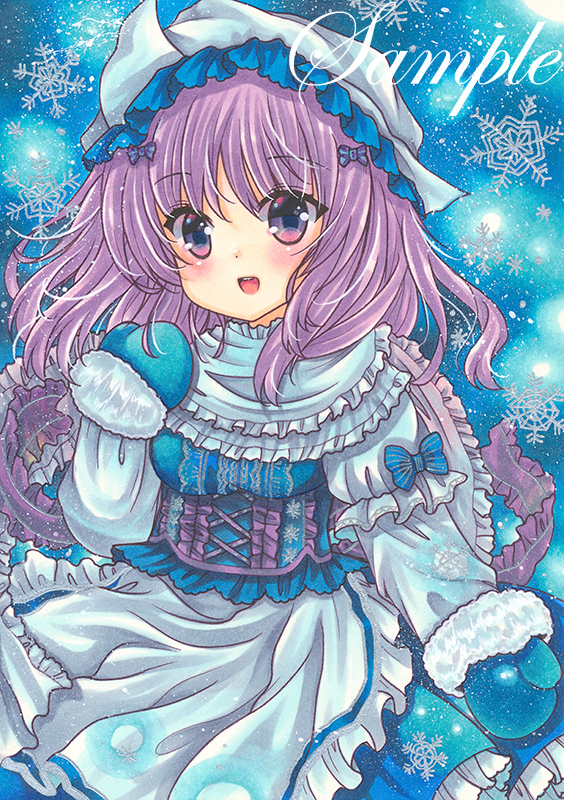 1girl :d apron bangs blue_background blue_gloves blue_skirt blue_vest breasts eyebrows_visible_through_hair frilled_apron frilled_hat frilled_scarf frilled_skirt frills gloves hat juliet_sleeves letty_whiterock long_sleeves looking_at_viewer marker_(medium) medium_breasts medium_hair mob_cap puffy_sleeves purple_eyes purple_hair rui_(sugar3) sample scarf shirt skirt smile snowflake_background solo teeth touhou traditional_media triangular_headpiece upper_teeth vest waist_apron white_apron white_headwear white_scarf white_shirt