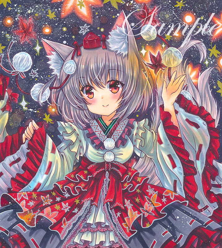 1girl adapted_costume animal_ear_fluff animal_ears autumn_leaves bangs black_skirt bow bowtie breasts closed_mouth cowboy_shot dark_background eyebrows_visible_through_hair frilled_sleeves frills grey_hair head_tilt inubashiri_momiji layered_skirt leaf leaf_background leaf_print looking_at_viewer marker_(medium) medium_breasts medium_hair pom_pom_(clothes) print_skirt red_bow red_bowtie red_ribbon red_skirt ribbon ribbon-trimmed_skirt ribbon-trimmed_sleeves ribbon_trim rui_(sugar3) sample skirt sleeves_past_wrists smile solo touhou traditional_media wide_sleeves wolf_ears