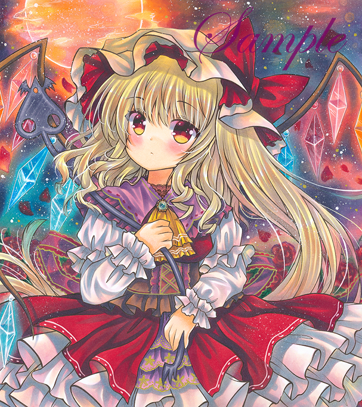 1girl ascot bangs blonde_hair blue_brooch breasts brooch brown_corset closed_mouth cowboy_shot crystal eyebrows_visible_through_hair flandre_scarlet frilled_corset frilled_shirt_collar frilled_skirt frilled_sleeves frills hair_between_eyes hat hat_ribbon head_tilt holding holding_wand jewelry juliet_sleeves laevatein_(touhou) long_hair long_sleeves looking_at_viewer marker_(medium) mob_cap puffy_sleeves red_eyes red_ribbon red_skirt red_vest ribbon rui_(sugar3) sample shirt side_ponytail skirt skirt_set small_breasts solo touhou traditional_media vest wand white_headwear white_shirt wings yellow_ascot