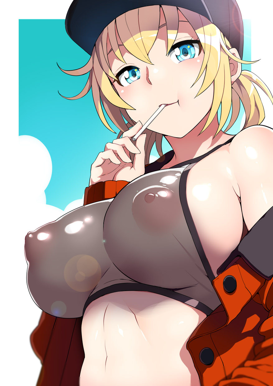 1girl :t baseball_cap black_bra black_headwear blonde_hair blue_background blue_eyes blush bra breasts copyright_request covered_nipples hat highres holding jacket large_breasts long_sleeves looking_at_viewer off_shoulder red_jacket see-through shin'ya_(shin'yanchi) solo underwear upper_body white_background