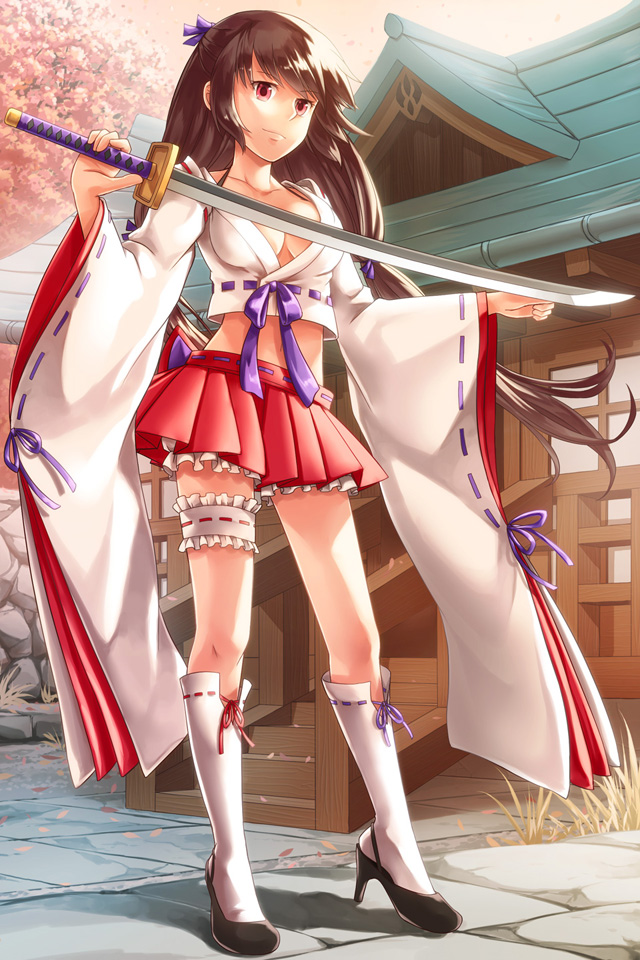 1girl bangs black_footwear bloomers breasts brown_hair cleavage closed_mouth commentary_request crop_top cropped_shirt eyebrows_visible_through_hair frilled_straps full_body high_heels holding holding_sword holding_weapon japanese_clothes katana kimono long_hair looking_at_viewer medium_breasts midriff miniskirt natsuya_(kuttuki) nontraditional_miko pink_eyes pleated_skirt purple_ribbon red_skirt ribbon ribbon-trimmed_legwear ribbon-trimmed_sleeves ribbon_trim shrine skirt smile socks solo standing sword thigh_strap twintails underwear venus_blade weapon white_kimono white_legwear wide_sleeves