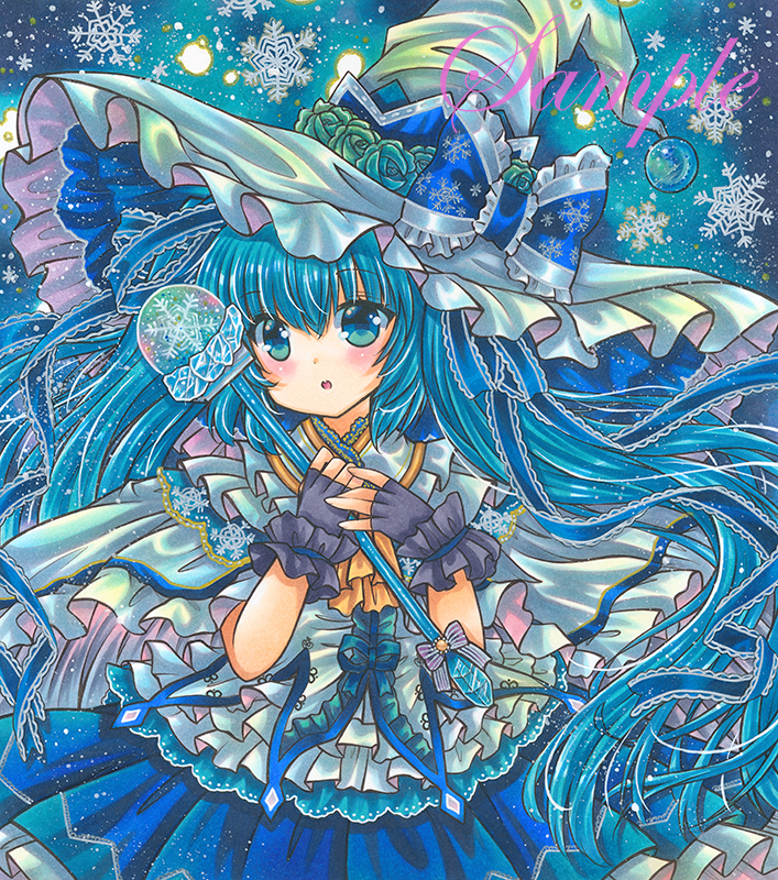 1girl :o ascot bangs black_gloves blue_background blue_eyes blue_flower blue_hair blue_ribbon blue_skirt blue_theme cape cowboy_shot eyebrows_visible_through_hair fingerless_gloves flower frilled_hat frilled_ribbon frilled_shirt frilled_skirt frills gloves hair_between_eyes hat hat_ribbon hatsune_miku holding holding_staff large_hat long_hair looking_at_viewer marker_(medium) open_mouth ribbon rose rui_(sugar3) sample shirt skirt snowflake_background solo staff traditional_media very_long_hair vocaloid white_cape white_headwear white_shirt witch_hat wrist_cuffs yellow_ascot yuki_miku yuki_miku_(2014)