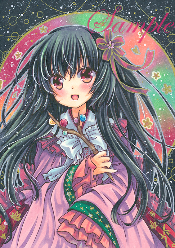 1girl :d bangs black_hair bow bowtie branch cowboy_shot eyebrows_visible_through_hair flower frilled_bowtie frilled_shirt_collar frilled_skirt frilled_sleeves frills hair_between_eyes hair_flower hair_ornament hair_ribbon holding holding_branch houraisan_kaguya jeweled_branch_of_hourai leaf_print long_hair long_sleeves looking_at_viewer marker_(medium) open_mouth pink_shirt print_skirt red_eyes red_skirt ribbon rui_(sugar3) sample shirt skirt sleeves_past_fingers sleeves_past_wrists smile solo touhou traditional_media very_long_hair white_bow white_bowtie wide_sleeves