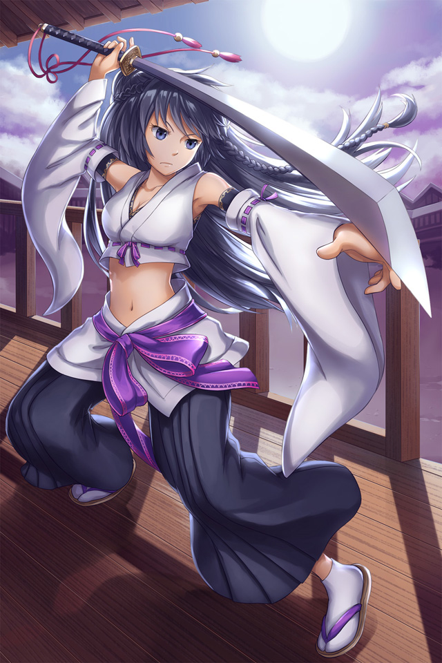1girl armpits black_eyes black_hair black_pants braid breasts cleavage closed_mouth cloud commentary_request crop_top detached_sleeves fighting_stance full_body hakama hakama_pants holding holding_sword holding_weapon japanese_clothes katana long_hair looking_afar medium_breasts midriff natsuya_(kuttuki) navel outdoors pants porch purple_ribbon ribbon ribbon-trimmed_sleeves ribbon_trim side_braid solo sword tabi venus_blade weapon white_legwear white_sleeves wide_sleeves zouri