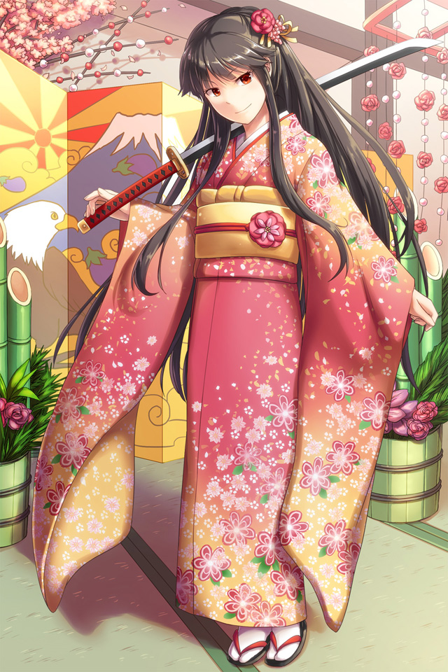 1girl bamboo bangs bird black_hair bucket closed_mouth commentary_request eagle eyebrows_visible_through_hair floral_print flower folding_screen full_body hair_flower hair_ornament hime_cut holding holding_sword holding_weapon indoors japanese_clothes kadomatsu katana kimono long_hair looking_at_viewer mount_fuji natsuya_(kuttuki) obi over_shoulder pink_flower pink_kimono red_eyes rising_sun sash sidelocks smile solo standing sunburst sword sword_over_shoulder tabi tatami venus_blade weapon weapon_over_shoulder white_legwear wide_sleeves yellow_sash zouri