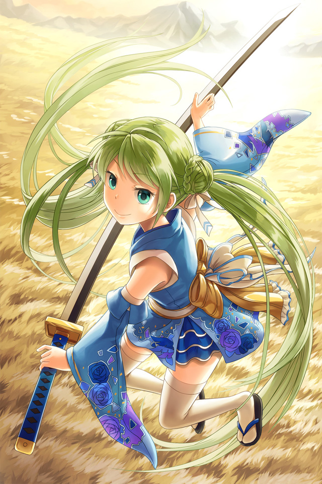 1girl bangs blue_eyes blue_kimono blue_sleeves bow braid closed_mouth commentary_request detached_sleeves double_bun eyebrows_visible_through_hair floral_print full_body green_hair holding holding_sword holding_weapon japanese_clothes katana kimono long_hair looking_at_viewer mountain natsuya_(kuttuki) print_kimono rose_print short_kimono sleeveless sleeveless_kimono smile solo sword tabi thighhighs twintails venus_blade very_long_hair weapon wheat_field yellow_bow zouri