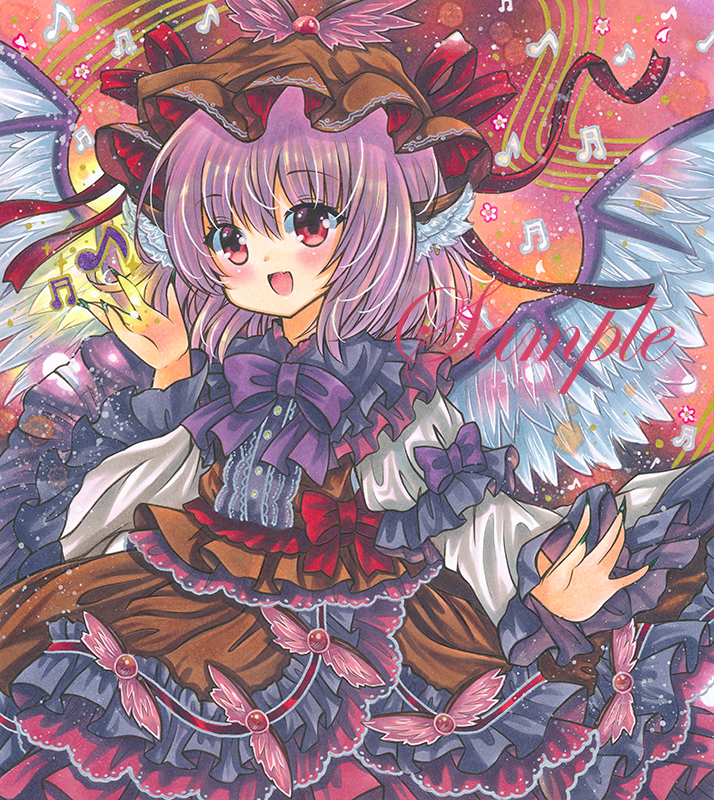 1girl :d animal_ears beamed_sixteenth_notes bow bowtie brown_headwear brown_vest cowboy_shot dark_skin eighth_note eyebrows_visible_through_hair fang feathered_wings frilled_skirt frilled_vest frills green_nails hat hat_ribbon juliet_sleeves long_sleeves looking_at_viewer marker_(medium) medium_hair mob_cap music musical_note mystia_lorelei nail_polish pink_hair puffy_sleeves purple_bow purple_bowtie red_eyes red_ribbon ribbon rui_(sugar3) sample shirt singing skin_fang skirt smile solo touhou traditional_media vest white_shirt winged_hat wings