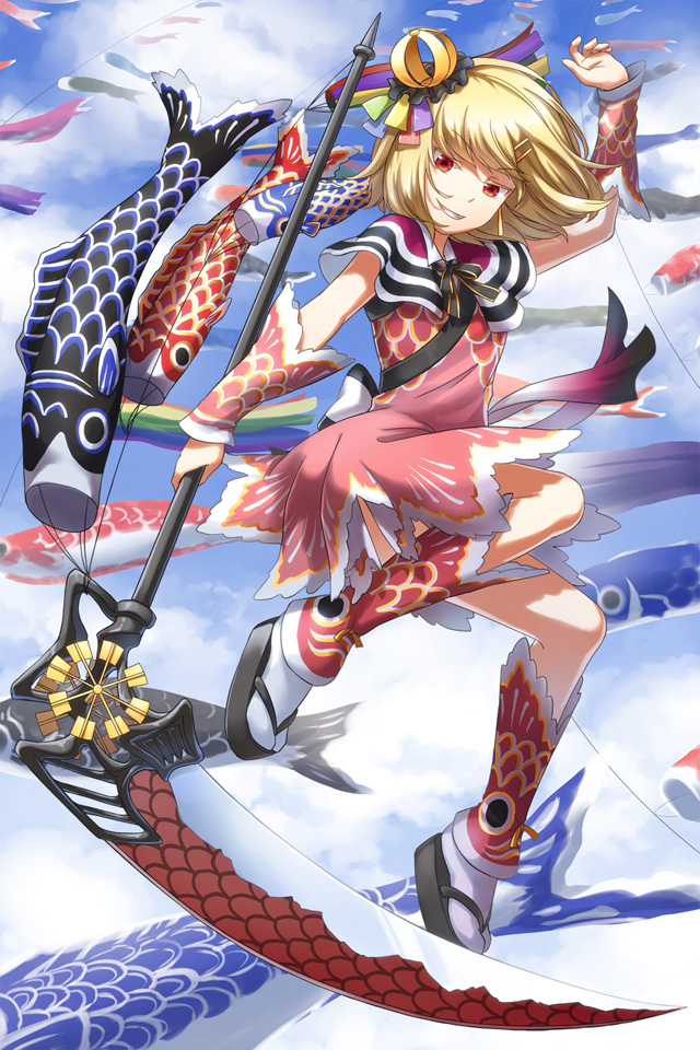 1girl animal_print arm_up bangs black_bow black_bowtie black_footwear blonde_hair blue_sky bow bowtie cloud commentary_request day detached_sleeves dress eyebrows_visible_through_hair fish_print flying frilled_hat frills full_body grin hat holding holding_scythe koinobori looking_at_viewer multicolored_clothes multicolored_headwear natsuya_(kuttuki) outdoors pink_dress red_eyes sailor_collar scale_print scythe short_hair sky smile solo tabi venus_blade white_legwear zouri