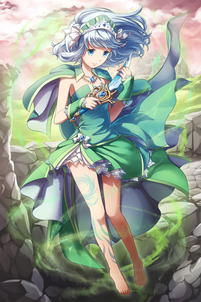 1girl aura bangs barefoot blue_eyes bow breasts castle closed_mouth cloud commentary_request dagger dress dress_bow eyebrows_visible_through_hair full_body green_dress green_hairband hair_bow hairband holding holding_dagger holding_weapon jewelry knife leg_tattoo light_blue_hair long_hair looking_at_viewer medium_breasts natsuya_(kuttuki) necklace pink_sky rock solo strapless strapless_dress tattoo venus_blade weapon white_bow wrist_cuffs