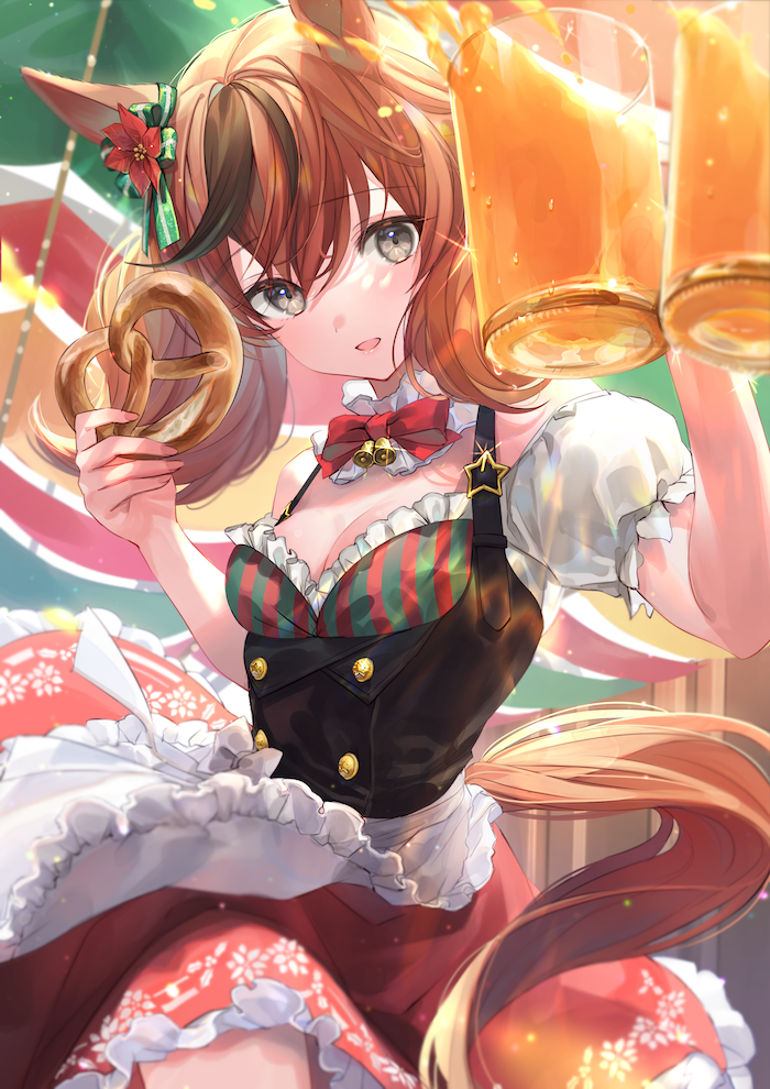 1girl :d alternate_costume animal_ears apron bare_shoulders beer_mug bell black_hair blush bow bowtie breasts brown_hair carrot_juice cleavage cowboy_shot cup dirndl flower food frilled_skirt frills german_clothes glint grey_eyes hair_flower hair_ornament holding holding_cup holding_food horse_ears horse_girl horse_tail juice long_hair looking_at_viewer mug multicolored_hair neck_bell nice_nature_(umamusume) off_shoulder ouri_(aya_pine) parted_lips pretzel puffy_short_sleeves puffy_sleeves red_bow red_bowtie red_flower red_skirt short_sleeves skirt smile solo streaked_hair tail twintails two-tone_hair umamusume underbust waist_apron white_apron