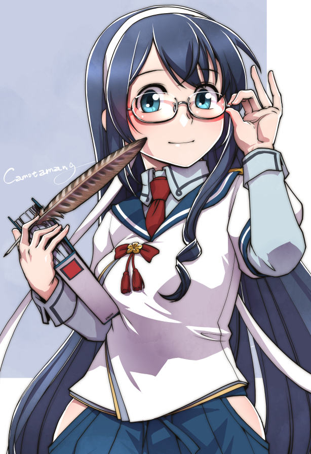 1girl adjusting_eyewear black_hair blue_eyes blue_skirt breasts glasses hairband hip_vent kamotama kantai_collection long_hair necktie ooyodo_(kancolle) pleated_skirt red_necktie school_uniform semi-rimless_eyewear skirt small_breasts solo under-rim_eyewear white_hairband