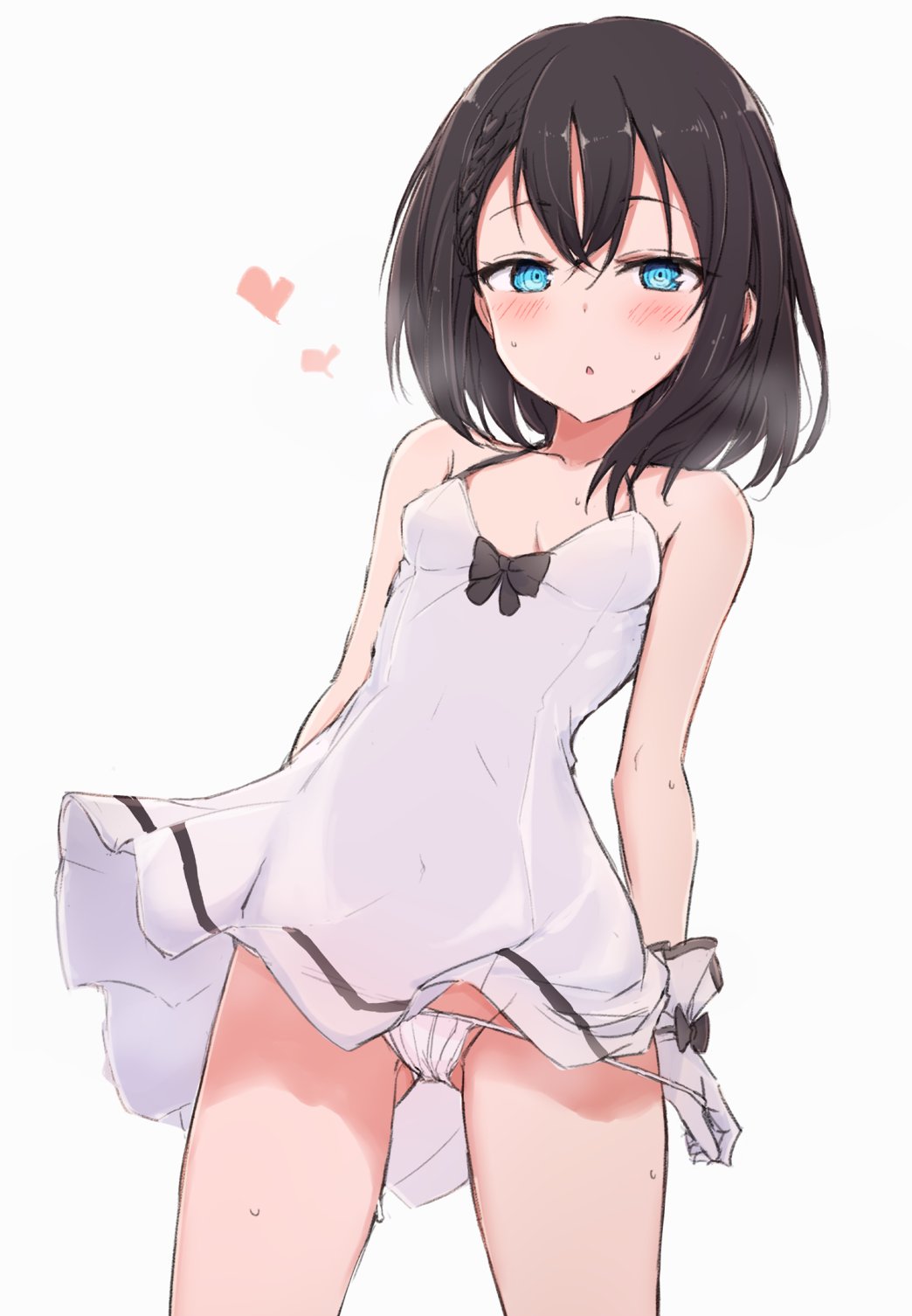 1girl ass_visible_through_thighs bangs bare_arms bare_shoulders black_bow black_hair blue_eyes blush bow breasts collarbone commentary cowboy_shot dress eyebrows_visible_through_hair gloves hair_between_eyes heart heavy_breathing highres looking_at_viewer medium_hair nonono_(mino) original panties panty_pull parted_lips ringed_eyes short_dress simple_background slave-chan_(mino) small_breasts solo strapless strapless_dress string_panties sweat underwear white_background white_dress white_gloves white_panties