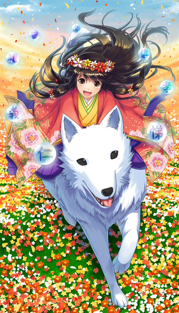 1girl bangs black_hair blush brown_eyes commentary_request field fisheye floral_print flower flower_field full_body head_wreath japanese_clothes kimono layered_clothing layered_kimono long_hair looking_at_viewer natsuya_(kuttuki) open_mouth orange_flower petals purple_skirt red_flower red_kimono riding skirt smile solo venus_blade white_flower wolf yellow_flower