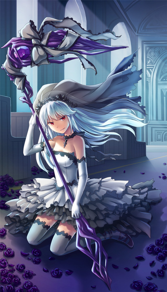 1girl bangs blue_hair bow breasts bridal_veil closed_mouth commentary_request dress elbow_gloves flower frilled_bow frilled_dress frills full_body gloves gradient_dress grey_bow grey_dress grey_legwear holding holding_scythe indoors jewelry long_hair looking_at_viewer medium_breasts natsuya_(kuttuki) necklace purple_flower purple_footwear purple_rose red_eyes rose scythe shoes sitting smile solo strapless strapless_dress thighhighs veil venus_blade wariza white_dress white_gloves