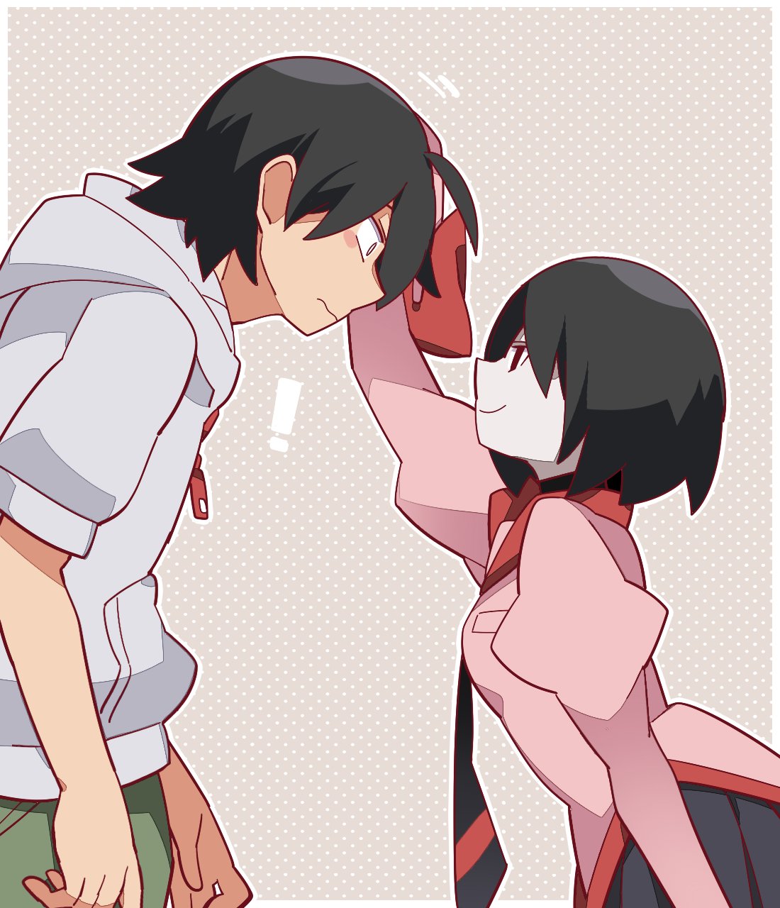 ! 1boy 1girl :| ahoge araragi_koyomi arm_at_side arm_up arms_at_sides bangs black_eyes black_hair black_necktie black_skirt black_undershirt blush_stickers breasts bright_pupils brown_background cargo_pants closed_mouth commentary dress_shirt empty_eyes eye_contact facing_another from_side green_pants halftone halftone_background hammer_(sunset_beach) headpat height_difference highres hood hood_down hoodie hunched_over leaning_forward long_sleeves looking_at_another monogatari_(series) naoetsu_high_school_uniform necktie oshino_ougi pale_skin pants patterned_background pink_shirt pleated_skirt puffy_sleeves school_uniform shirt short_hair short_sleeves skirt sleeves_past_fingers sleeves_past_wrists small_breasts smile surprised symbol-only_commentary turtleneck upper-body wavy_mouth white_hoodie white_pupils zipper