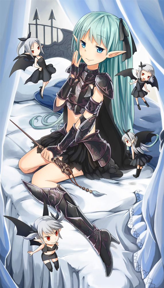 5girls armor armored_boots bikini_armor black_bow black_dress black_footwear black_scarf black_skirt blue_eyes blue_hair blush boots bow closed_mouth commentary_request dress full_body grey_hair hair_bow holding long_hair looking_at_viewer minigirl multiple_girls natsuya_(kuttuki) on_bed open_mouth pauldrons pencil_skirt pointy_ears ponytail red_eyes scarf short_hair shoulder_armor sitting skirt sleeveless sleeveless_dress smile sundress twintails vambraces venus_blade yokozuwari