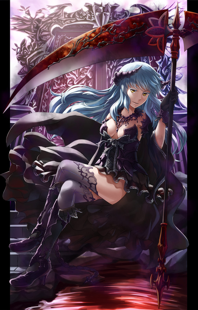 1girl bangs black_dress black_footwear black_gloves blue_hair boots breasts commentary_request corset crossed_legs dress eyebrows_visible_through_hair frilled_dress frills full_body gloves holding holding_scythe horns jewelry lace-trimmed_legwear lace_trim long_hair looking_at_viewer medium_breasts natsuya_(kuttuki) necklace open_mouth pillarboxed scythe smile solo strapless strapless_dress thighhighs venus_blade yellow_eyes