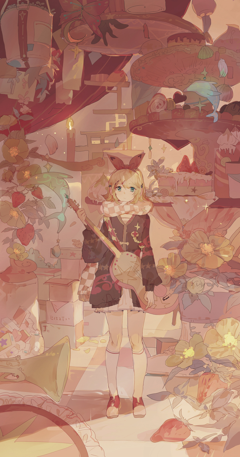 1girl acoustic_guitar aqua_eyes blonde_hair bow_hairband brown_jacket candle candy checkered checkered_scarf closed_mouth commentary dolphin english_commentary expressionless flower food fruit full_body guitar hairband highres holding holding_instrument instrument jacket kagamine_rin kneehighs lobelia_(saclia) long_sleeves looking_at_viewer oversized_flowers red_hairband scarf short_hair skirt solo sparkle standing strawberry strawberry_shortcake vocaloid white_footwear white_legwear white_skirt yellow_flower