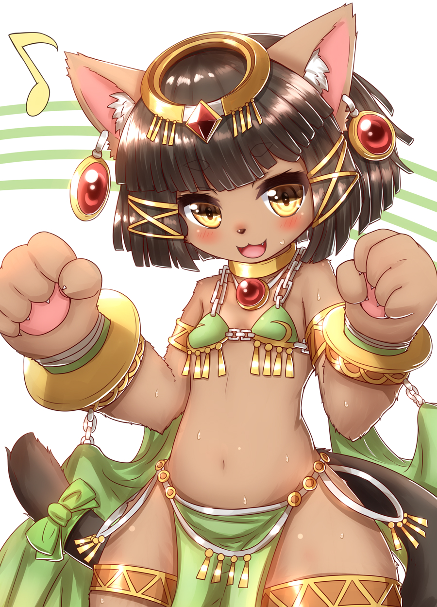 1girl :3 animal_ear_fluff animal_ears animal_hands animal_nose bangs bare_shoulders bastet_(fullbokko_heroes) blunt_bangs blush bob_cut body_fur bow brown_hair cat_ears cat_girl cat_tail chain choker claws commentary_request cowboy_shot crystal earrings egyptian eyebrows_visible_through_hair fang flat_chest fullbokko_heroes gem gold green_bow hagoromo hair_ornament halo hands_up happy highres horokusa_(korai) jewelry loincloth looking_at_viewer musical_note navel necklace open_mouth partial_commentary paw_pose pawpads ruby_(gemstone) shawl shiny shiny_hair short_hair sidelocks simple_background smile solo standing stomach striped striped_background sweat tail tail_bow tail_ornament tassel thigh_strap two-tone_background white_background wide_hips x_hair_ornament yellow_choker yellow_eyes