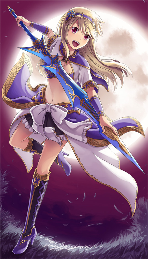 1girl bangs black_skirt blonde_hair boots breasts cape cleavage commentary_request cropped_shirt eyebrows_visible_through_hair frilled_skirt frills full_body full_moon hairband high_heel_boots high_heels holding holding_sword holding_weapon leg_up long_hair looking_at_viewer medium_breasts miniskirt moon natsuya_(kuttuki) navel open_mouth purple_cape purple_footwear purple_hairband red_eyes red_sky shirt showgirl_skirt skirt sky smile solo sword venus_blade waist_cape weapon white_shirt white_skirt