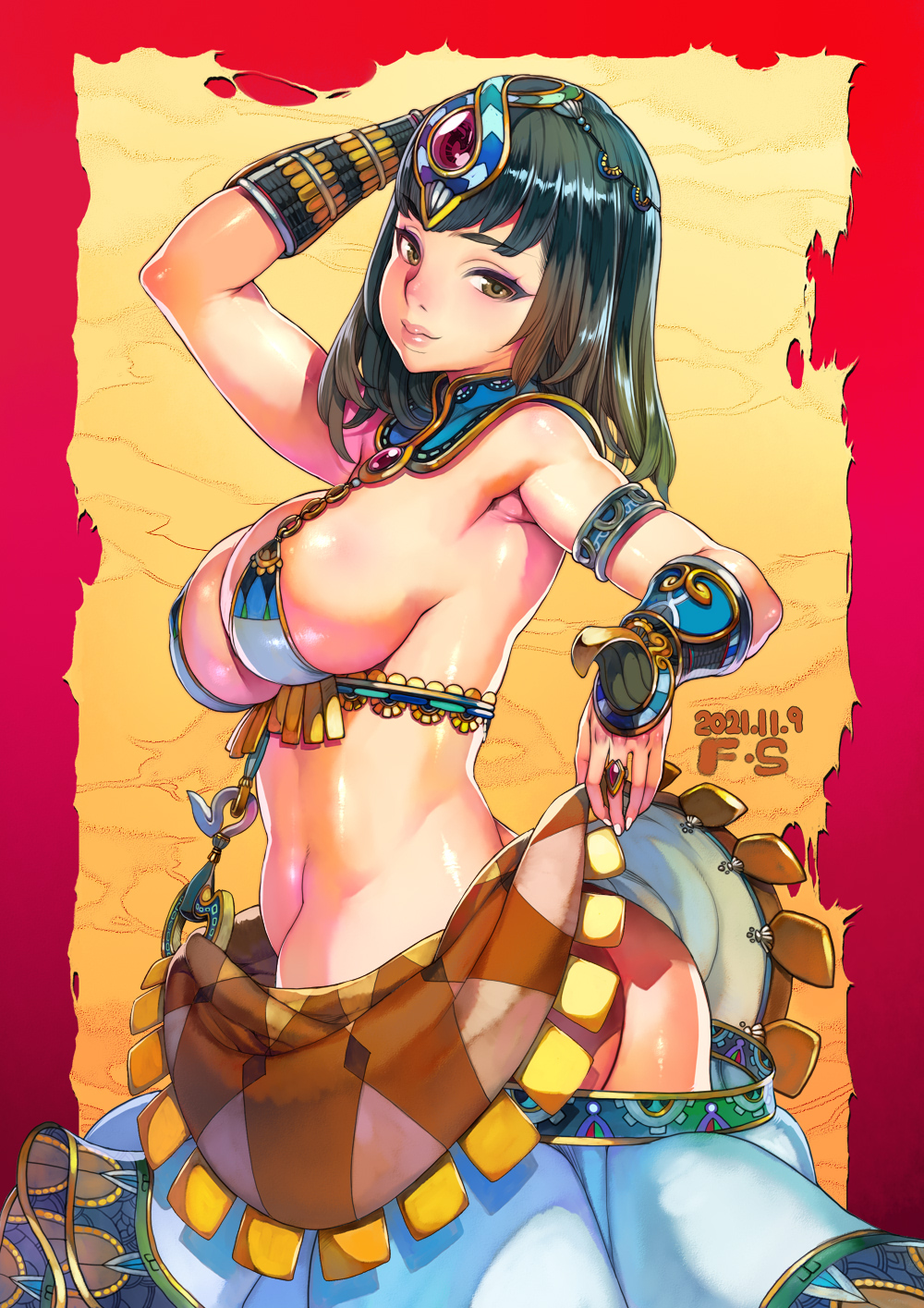1girl arm_up armpits artist_name ass bangs bare_shoulders bikini bikini_top black_hair blush breasts brown_eyes cleavage closed_mouth clothes_lift commentary_request dated egyptian egyptian_clothes eyebrows_visible_through_hair f.s. groin highres large_breasts lips long_hair looking_at_viewer nail_polish original sideboob skindentation skirt skirt_lift smile solo swimsuit thighhighs thighs white_nails