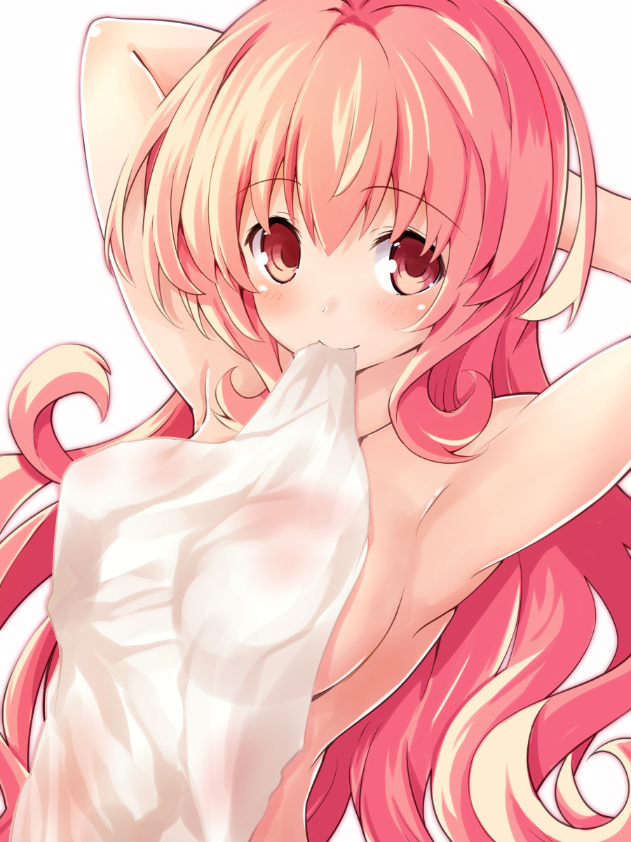 1girl arms_behind_head blush breasts compa covering covering_breasts eyebrows_visible_through_hair highres iwashi_dorobou_-r- large_breasts long_hair looking_at_viewer mouth_hold neptune_(series) pink_eyes pink_hair smile towel