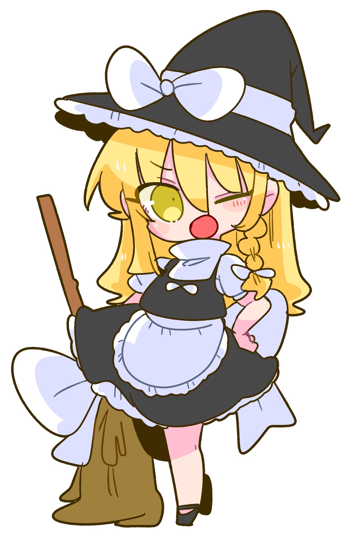 1girl apron black_dress black_footwear blonde_hair bow braid broom dress frilled_dress frills hair_bow hand_on_hip hat hat_bow highres kirisame_marisa long_hair mary_janes one_eye_closed op_na_yarou open_mouth puffy_sleeves shoes short_sleeves side_braid simple_background single_braid solo touhou waist_apron white_background white_bow witch_hat yellow_eyes