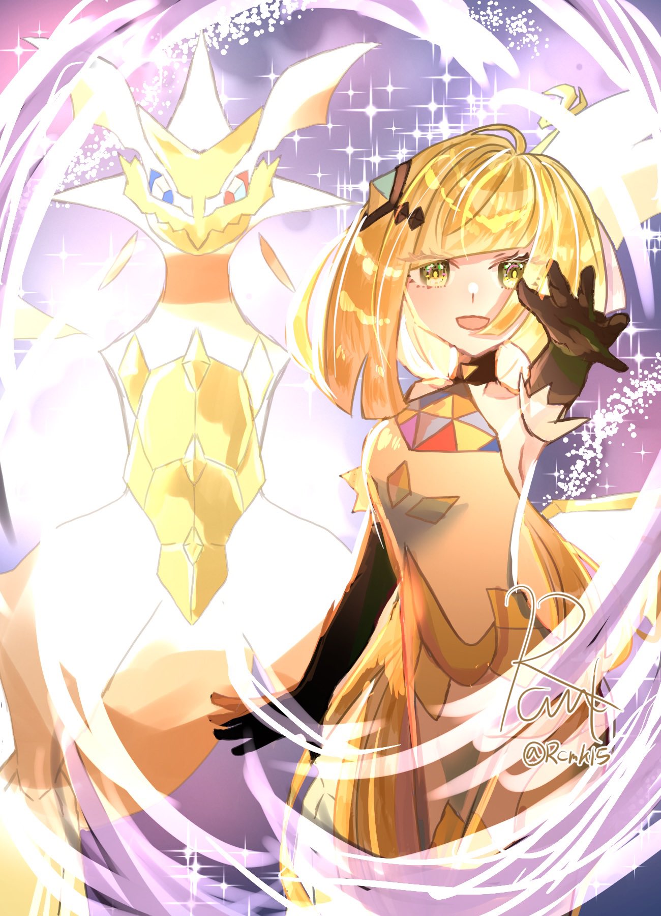 1girl :d bangs black_gloves blonde_hair blunt_bangs commentary_request dress elbow_gloves eyelashes gloves green_eyes hair_ornament highres long_hair looking_at_viewer lusamine_(pokemon) necrozma necrozma_(ultra) official_alternate_costume open_mouth outstretched_arm pokemon pokemon_(creature) pokemon_(game) pokemon_masters_ex rcmk signature smile sparkle spread_fingers twitter_username very_long_hair yellow_dress
