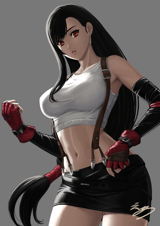 1girl bangs black_hair black_skirt black_sleeves breasts cowboy_shot crop_top detached_sleeves earrings eiwa final_fantasy final_fantasy_vii fingerless_gloves fingernails floating_hair gloves grey_background jewelry large_breasts linea_alba lips long_hair long_sleeves looking_at_viewer low-tied_long_hair midriff miniskirt navel parted_lips pencil_skirt red_eyes red_gloves signature simple_background skirt solo standing stomach suspender_skirt suspenders tank_top tifa_lockhart very_long_hair white_tank_top