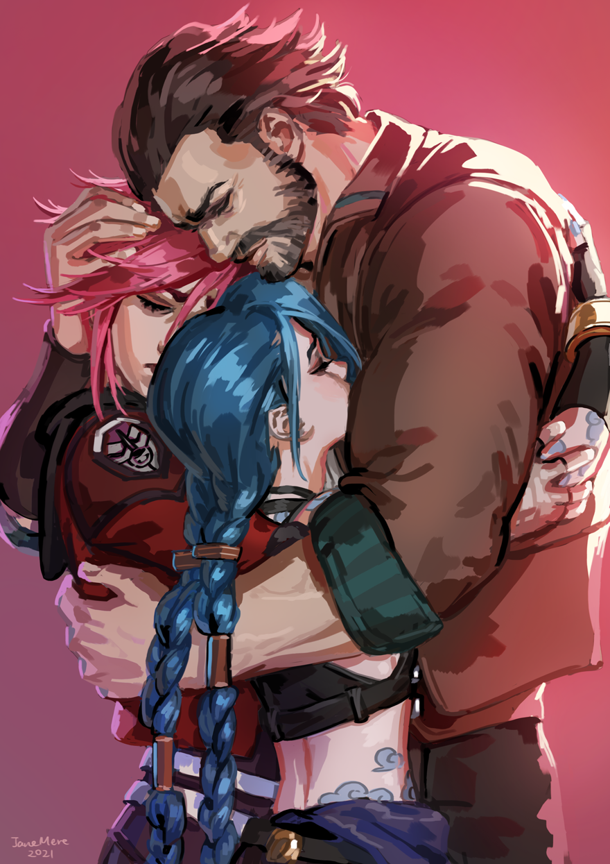 1boy 2021 2girls arcane:_league_of_legends artist_name bangs beard blue_hair braid brown_hair brown_jacket brown_pants closed_eyes closed_mouth cloud_tattoo commentary_request facial_hair father_and_daughter fingerless_gloves gloves gradient gradient_background hair_ornament hand_on_another's_head highres hug jacket jane_mere jinx_(league_of_legends) league_of_legends long_hair multiple_girls pants red_background red_hair red_jacket shiny shiny_hair short_hair stomach_tattoo tattoo twin_braids vander_(arcane) vi_(league_of_legends)