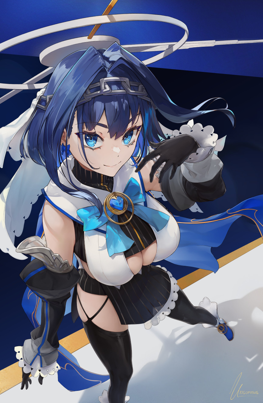 1girl artist_name blue_eyes blue_hair bow bow_earrings bowtie breasts chain commentary detached_sleeves earrings english_commentary eyebrows_visible_through_hair gloves hair_between_eyes heart highres hololive hololive_english jewelry large_breasts looking_at_viewer ouro_kronii skirt smile solo thighhighs unsomnus virtual_youtuber watermark