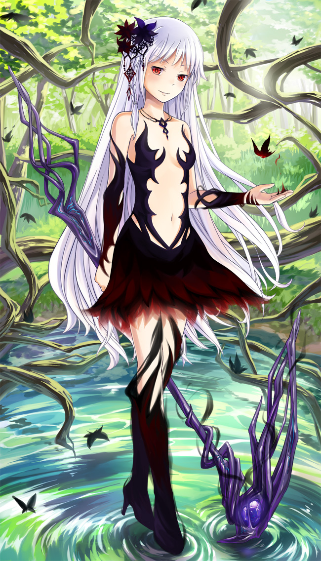 1girl bangs black_butterfly black_dress black_footwear boots braid breasts bug bush butterfly closed_mouth commentary_request day dress eyebrows_visible_through_hair flower forest full_body grass hair_flower hair_ornament high_heel_boots high_heels holding holding_staff long_hair looking_at_viewer natsuya_(kuttuki) nature navel outdoors pond purple_flower red_eyes red_flower revealing_clothes short_dress side_braid single_braid small_breasts smile solo staff standing standing_on_liquid venus_blade very_long_hair water white_hair