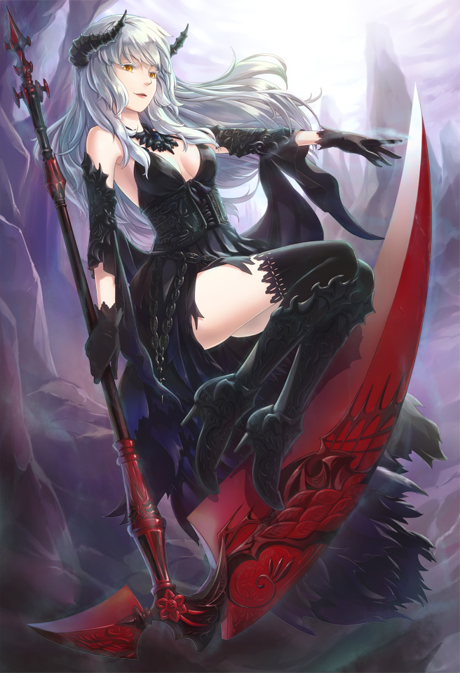 1girl bangs black_dress black_footwear black_gloves black_horns black_legwear boots breasts colored_eyelashes commentary_request corset dress full_body gloves holding holding_scythe horns jewelry lace-trimmed_legwear lace_trim long_hair looking_at_viewer medium_breasts natsuya_(kuttuki) necklace open_mouth scythe sleeveless sleeveless_dress smile solo thighhighs venus_blade white_hair yellow_eyes