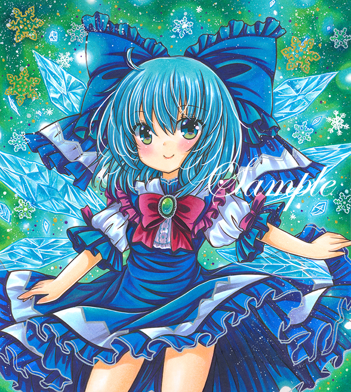 1girl ahoge blue_bow blue_dress blue_eyes blue_hair blush bow bowtie breasts brooch cirno closed_mouth commentary_request cowboy_shot detached_wings dress eyebrows_visible_through_hair frilled_bow frilled_dress frilled_shirt_collar frills green_background green_brooch hair_between_eyes hair_bow ice ice_wings jewelry large_bow looking_at_viewer marker_(medium) medium_hair partial_commentary puffy_short_sleeves puffy_sleeves purple_ribbon red_bow red_bowtie ribbon rui_(sugar3) sample shirt short_sleeves sleeve_ribbon small_breasts smile snowflake_background solo touhou traditional_media white_shirt wings