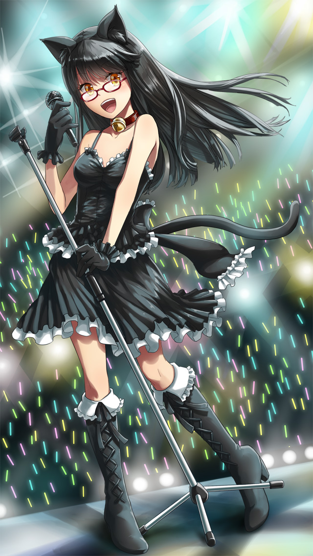 1girl animal_ears bangs bell black_camisole black_footwear black_hair black_skirt boots breasts camisole cat_ears commentary_request frilled_camisole frilled_skirt frills full_body glasses glowstick holding holding_microphone holding_microphone_stand idol jingle_bell knee_boots long_hair looking_at_viewer medium_breasts microphone microphone_stand natsuya_(kuttuki) neck_bell open_mouth orange_eyes red-framed_eyewear skirt smile solo standing venus_blade