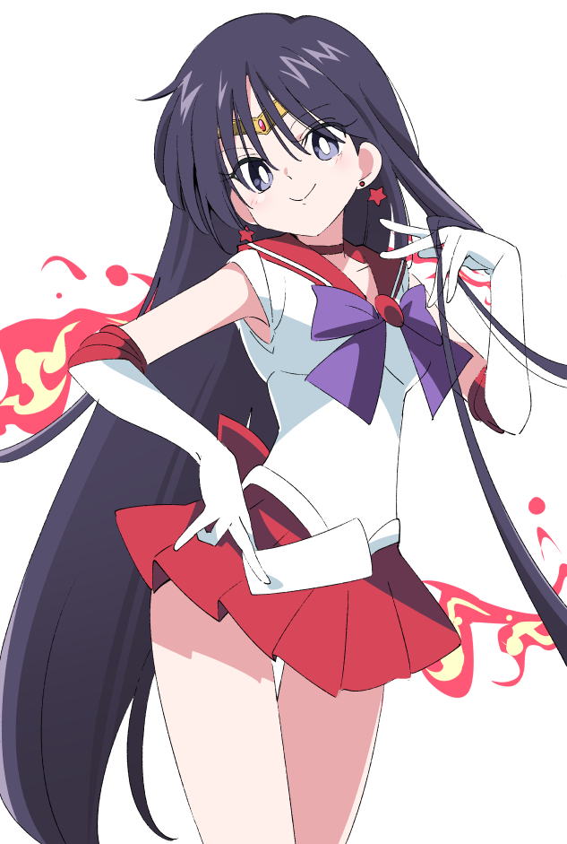 1girl bangs bishoujo_senshi_sailor_moon black_hair blue_eyes bow bright_pupils choker closed_mouth commentary earrings gloves hino_rei holding ixy jewelry long_hair looking_at_viewer magical_girl miniskirt ofuda pleated_skirt purple_bow red_choker red_sailor_collar red_skirt sailor_collar sailor_mars sailor_senshi_uniform simple_background skirt smile solo standing star_(symbol) star_earrings thighs very_long_hair white_background white_gloves white_pupils